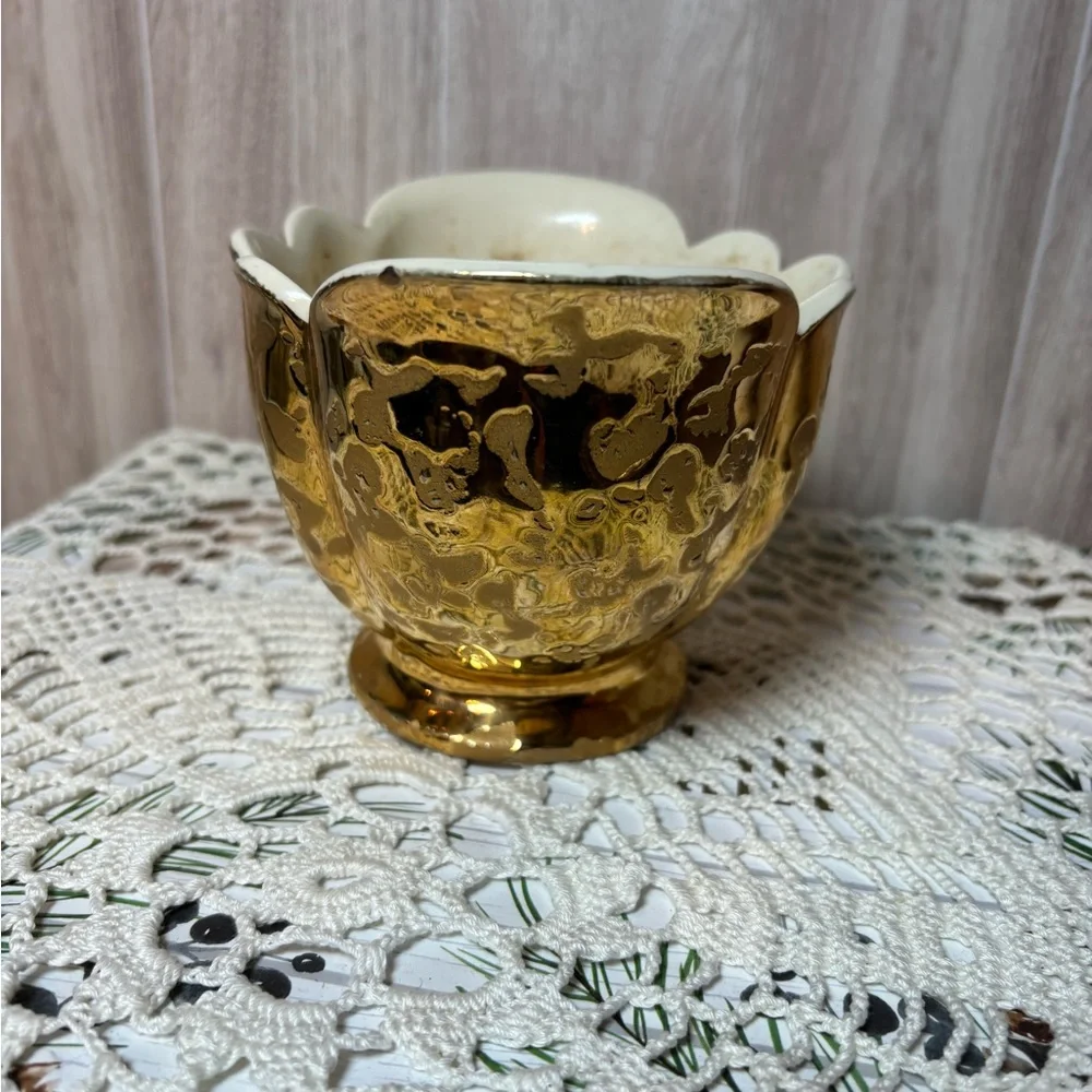 Vintage 24K Plated Weeping Gold Pedestal Bowl Art Vase MCM 50s-60s Made in USA